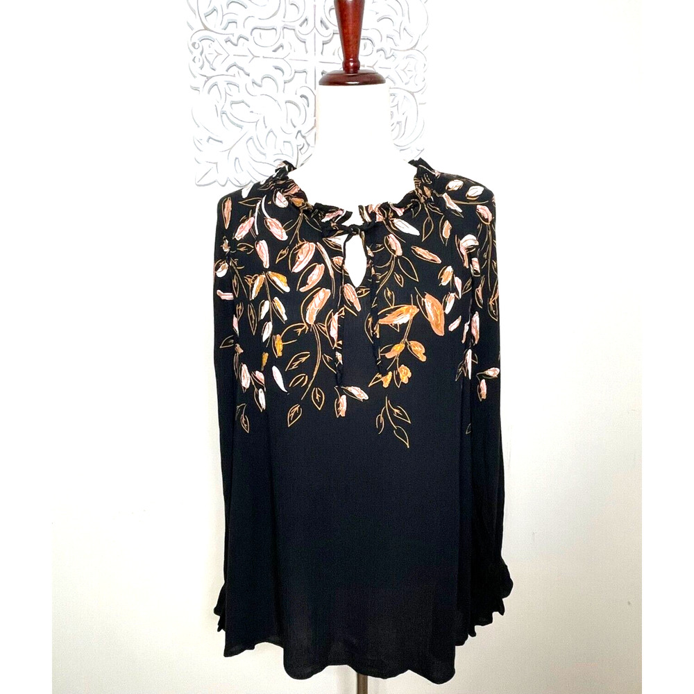 Wonderly Women's LARGE Peasant Blouse Boho Cottage Core BLACK Leafy NWT